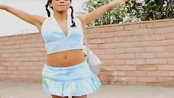 Slender teen with pigtails meets a stranger for a deep conversation