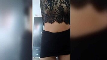 she touches herself in mini skirt, groping small tits, bent over asking for anal sex