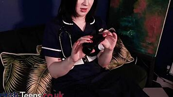 British nurse stretches cunt with fucking machine