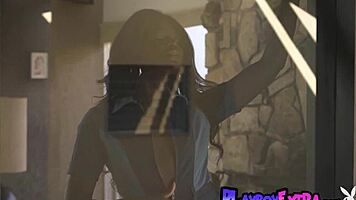 Ebony teen strips naked in stockings