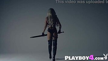 petite blonde teen 18+ elsa jean poses with sword, then riley anne strips naked.
