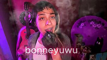 Bonney gets paid by bartender to suck dildo in cute skirt solo scene.