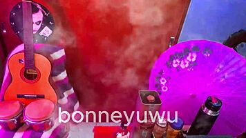 Bonney gets paid by bartender to suck dildo in cute skirt solo scene.