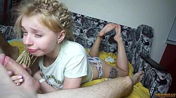 hot teen in socks sucks her boyfriend's cock and swallows cum