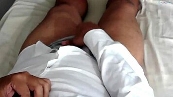 Caught friend in shower, boldly jerked off small cock in sheer red.