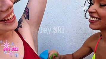 two latina girls explore lesbian fun outdoors with shaving and kissing