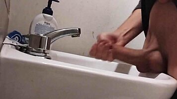 Resting Balls On Sink Preparing Huge Cock For Cumshot