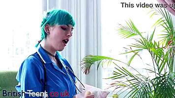 Blue Haired Alternative Nurse Takes Care Of Your Member In An Appointment