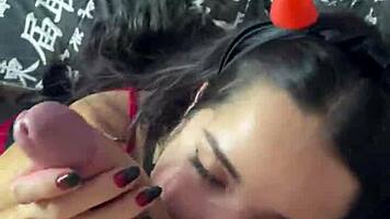 i love my submissive brunette stroking my big cock before sucking.