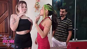 Two 18+ sluts sucking computer technician's huge dick