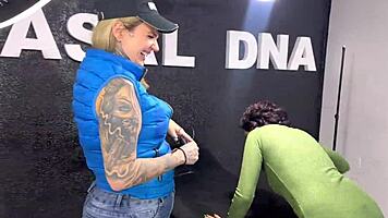 Young girl gets tattoo on tight ass, tattooist masturbates her to first orgasm