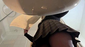 Hot blonde babe with big tits and ass strips in pantyhose and heels in bathroom