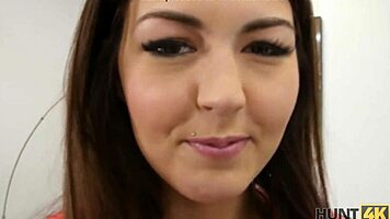 Shaved pussy penetrated hard in front of boyfriend.