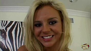 Young blonde bombshell deepthroats and rides huge dick intensely