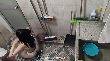 Perverted guy records cute babe while she washes, she sucks it all