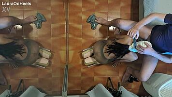 Can you believe this MILF in pantyhose giving blowjob on knees, swallowing cum?