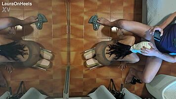 Can you believe this MILF in pantyhose giving blowjob on knees, swallowing cum?