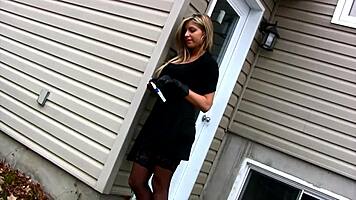 Blonde Teen Girlfriend Teases Smoking Outdoors in Provocative Lingerie Stockings Heels