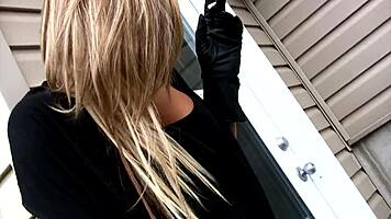 Blonde Teen Girlfriend Teases Smoking Outdoors in Provocative Lingerie Stockings Heels