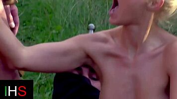 Blonde Teen in Outdoor Threesome with Double Penetration
