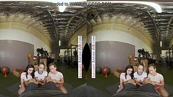 Sexy babes tag team gym stud