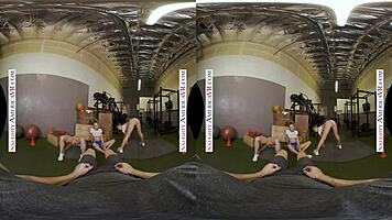 Sexy babes tag team gym stud