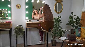 Eighteen Teen Playing in Front of the Mirror