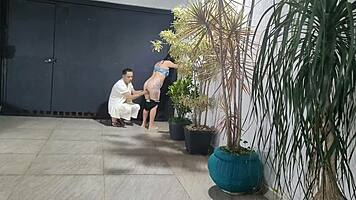 Risky Garage Sex With Neighbor While Husband Showers