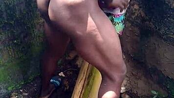 Sexy performance showing hard cum in the forest