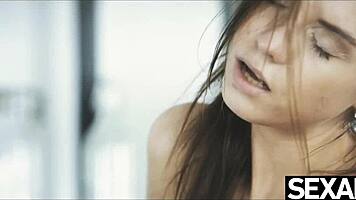 two coworkers in sexy lingerie kiss and touch each other at the office