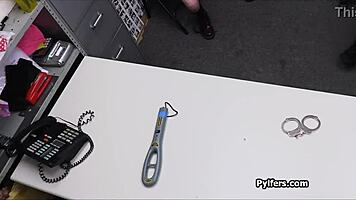 Handcuffed brunette looks forward to dicking