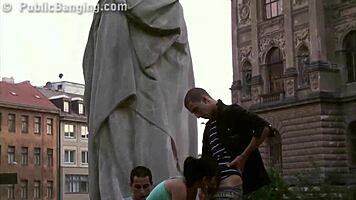 cute teen girl fucked by two guys in public city center