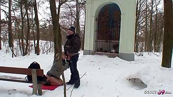 Old Guy Seduces Curvy Nylon Teen 18+ to Fuck Outdoor in Snow