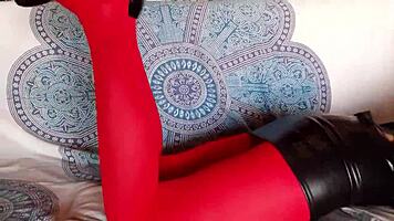 The milf with beautiful legs red pantyhose and black heels