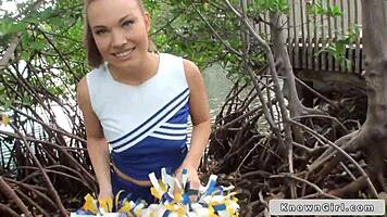 Busty cheerleader flashes tits outdoors!