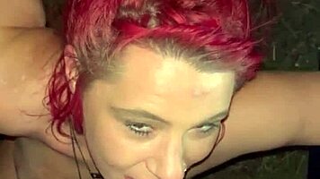 Redhead streetwalker strips naked to suck dick in truck backseat lets guy cum in whore mouth