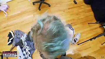 blue haired exotic coed raven masturbates and deepthroats hard cock