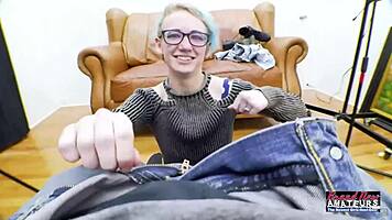 blue haired exotic coed raven masturbates and deepthroats hard cock