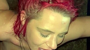 Redhead streetwalker strips naked to suck dick in truck backseat lets guy cum in whore mouth