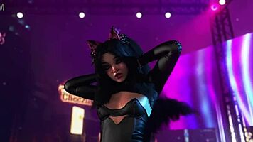 Exotic fluffy cat girl in tight bodysuit dancing alone in night club