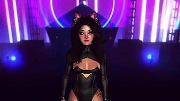 Exotic fluffy cat girl in tight bodysuit dancing alone in night club
