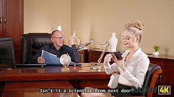 naughty blonde showing her big experience at the job interview with seduction and casting