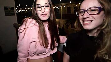 nerdy blonde milf teases her big black cock toy with glasses