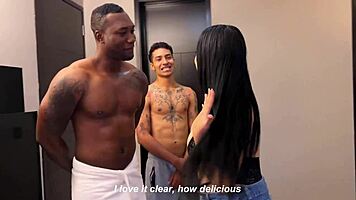 My boyfriend surprises me with a big cock chocolate and we end up in an interracial threesome