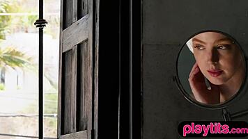 slender redhead milf removes lingerie to reveal perky small 18+ tits