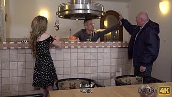 Skinny peach chats russian with bf's dad, leading to hardcore fuck