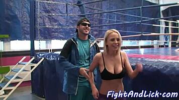 busty babe fingers cute teen after wrestling match in the ring, exploring shaved pussies with licks and fingering