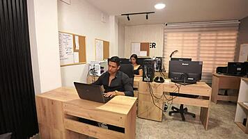 Big boobed secretary pays muscular boss with extra work