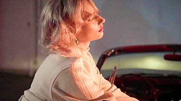 Petite Blonde Polina Reveals Shaved Pussy in Vintage Car