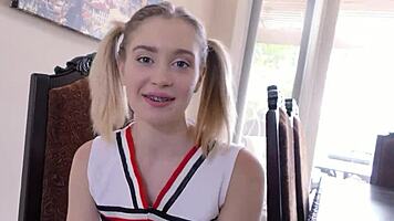 cute pigtails cheerleader teen with braces give rimjob and get fucked while play with hitachi by older guy